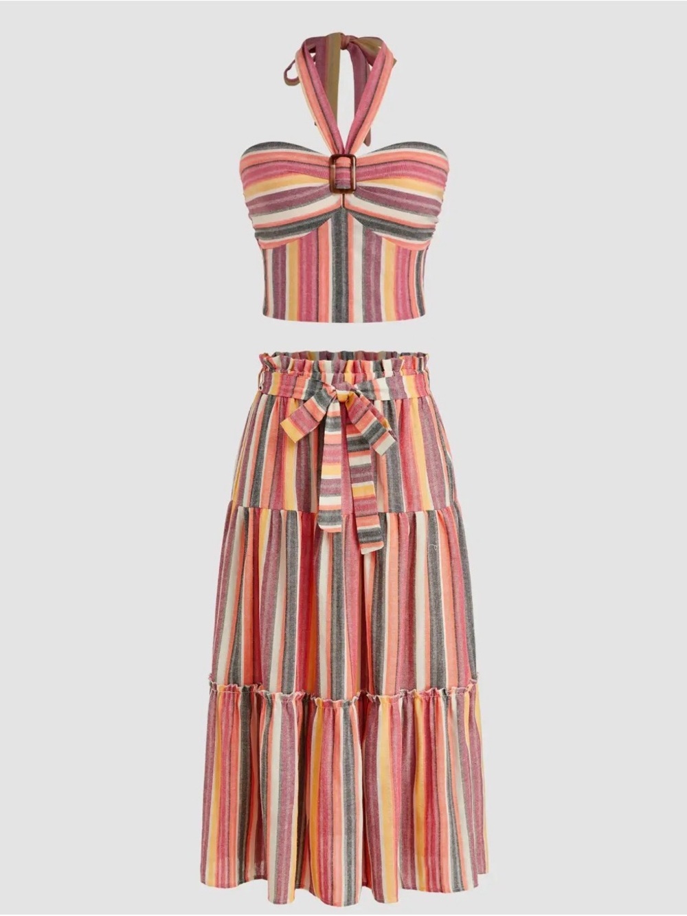 Cider Pink Multi Striped Tiered Maxi Skirt & Halter Top Set